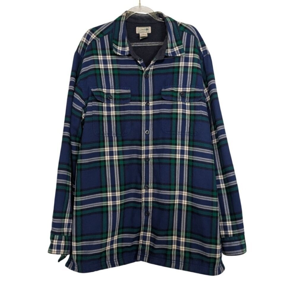 LL Bean Plaid Flannel Shacket Mens Size Large Blue Cotton Fleece Lined Shirt